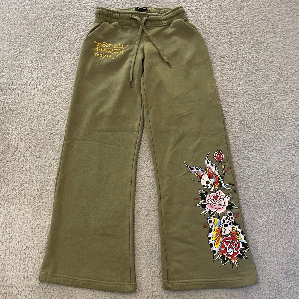 Ed Hardy Designs Fleece Sweatpants Women XS Low Rise Wide Leg Skull Floral Y2K